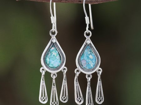 Ancient Rain Drop-Shaped Roman Glass Chandelier Earrings from Thailand on Sale