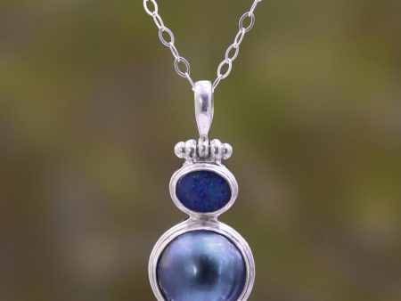 Blue Ocean Dream Modern Sterling Silver and Cultured Pearl Pendant Online now