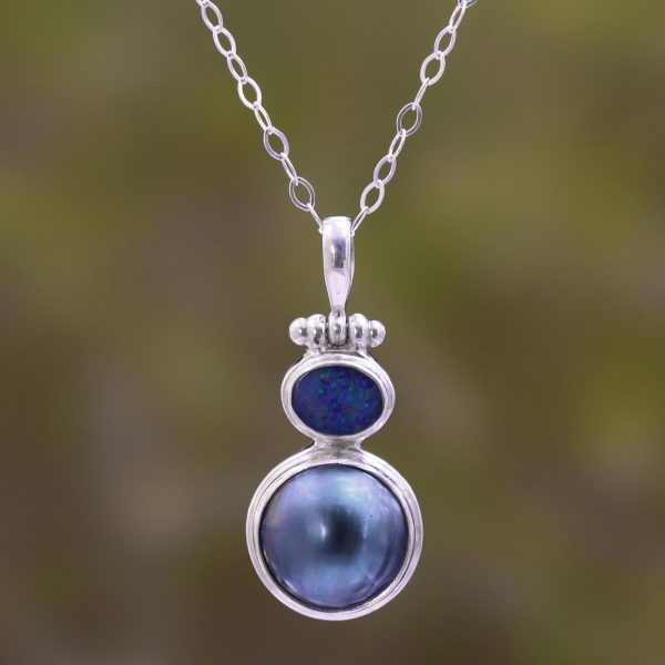 Blue Ocean Dream Modern Sterling Silver and Cultured Pearl Pendant Online now