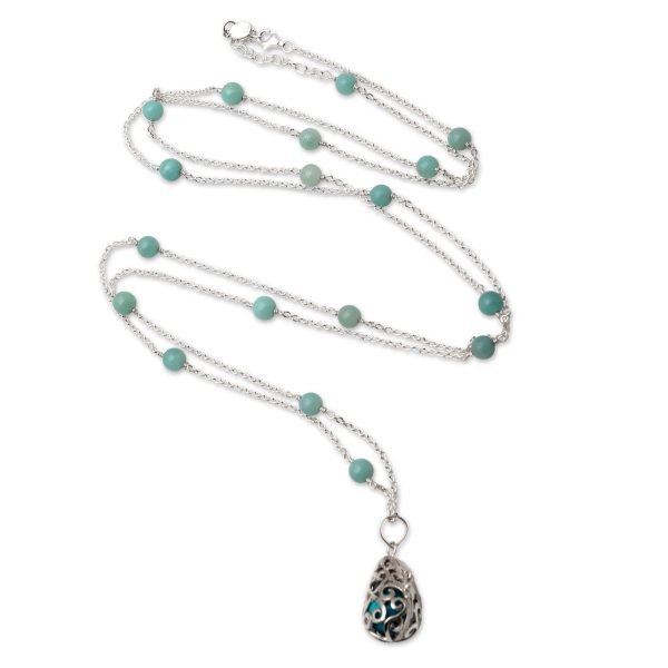 Blue Lace Angel Chime Silver Amazonite and Blue Enamel Harmony Ball Necklace on Sale