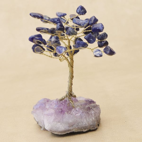 Blue Leaves Sodalite Gemstone Tree with an Amethyst Base from Brazil For Sale