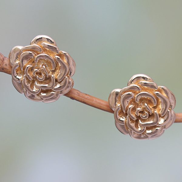 Blooming Rose 18k Gold Plated Sterling Silver Rose Stud Earrings (.5 inch) on Sale