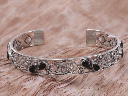 Black Dewdrops Onyx and Sterling Silver Cuff Bracelet from Indonesia on Sale