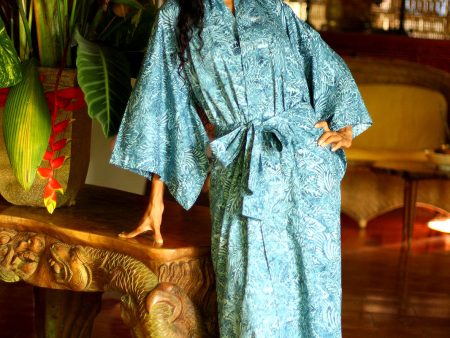 Blue Forest Artisan Crafted Long Batik Cotton Robe for Women Discount