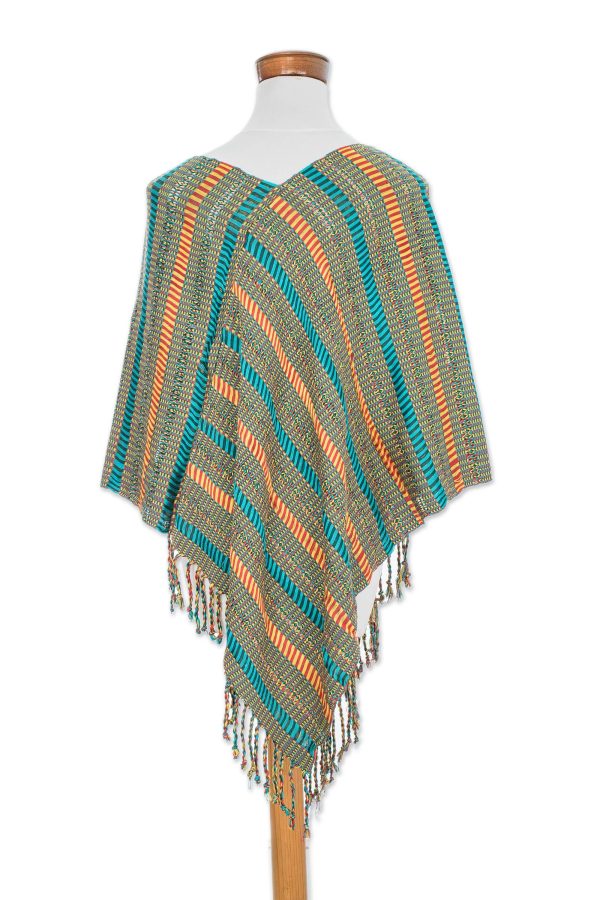 Beach Stripes Handwoven Striped Cotton Poncho from Guatemala Online now