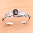 Black Lily Floral Onyx Sterling Silver Cuff Bracelet For Cheap