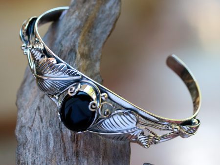 Black Lily Floral Onyx Sterling Silver Cuff Bracelet For Cheap