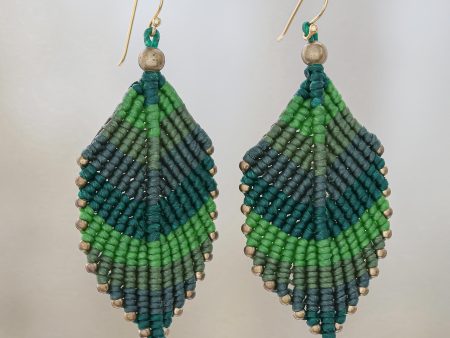 Boho Leaves in Green Green Leaf Waxed Cord Macrame Dangle Earrings For Cheap