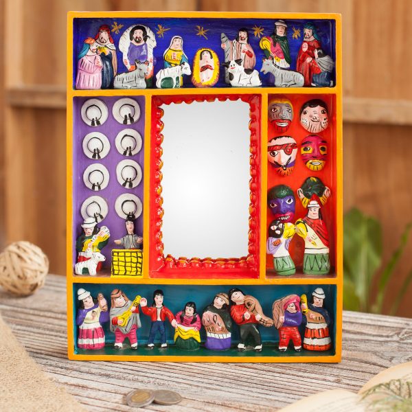 Ayacucho Birth Retablo-Style Nativity Wood Wall Mirror from Peru on Sale