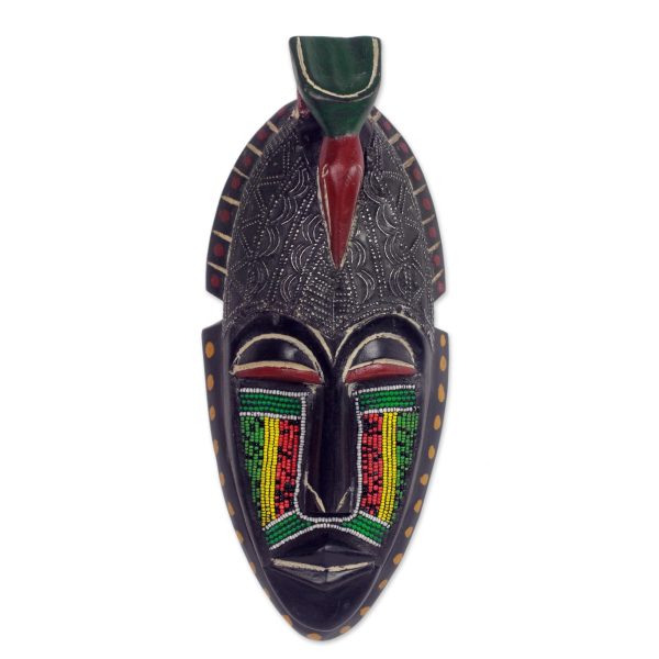 Adom Parrot Recycled Glass Beaded African Wood Parrot Mask from Ghana Online Hot Sale