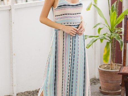 Bohemian Princess Cotton Knit Maxi Dress in Ivory and Pastel Stripes Hot on Sale