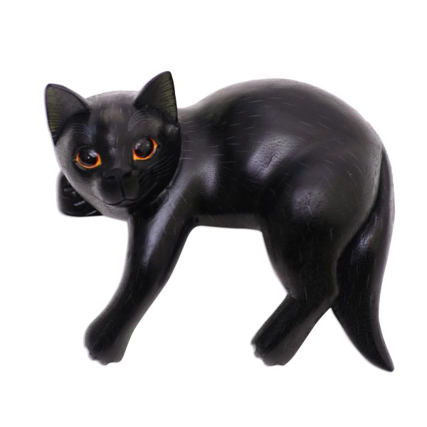 Black Cat Relaxes Signed Balinese Black Cat Sculpture For Sale