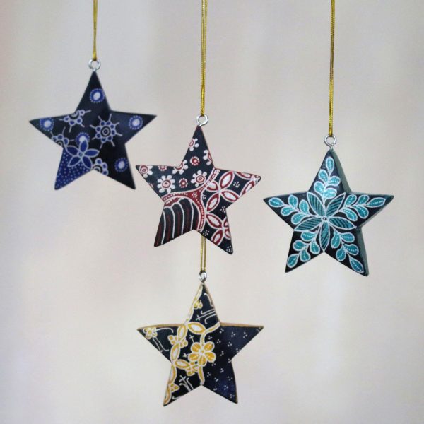 Bali Stars Four Batik Wood Star Ornaments by Balinese Artisans on Sale