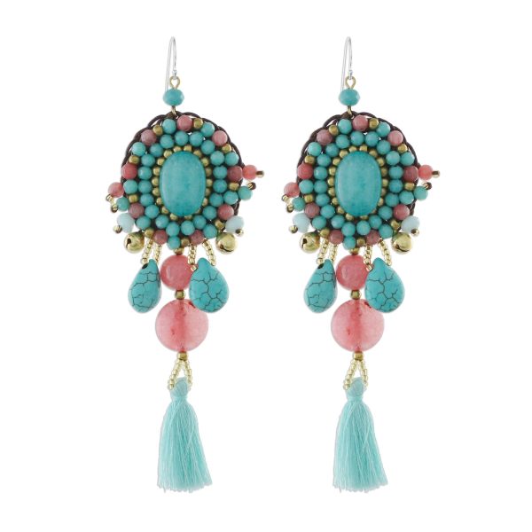 Ballroom Chic in Aqua Pink Quartz Blue Calcite Beaded Oval Tassel Dangle Earrings Online Sale