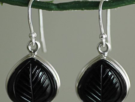 Betel Leaf Hand Made Sterling Silver Onyx Dangle Earrings from India Cheap