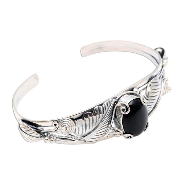 Black Lily Floral Onyx Sterling Silver Cuff Bracelet For Cheap