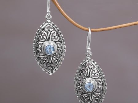 Wonderful Bali in Blue Ornate Balinese Handcrafted Silver Earrings with Blue Topaz on Sale