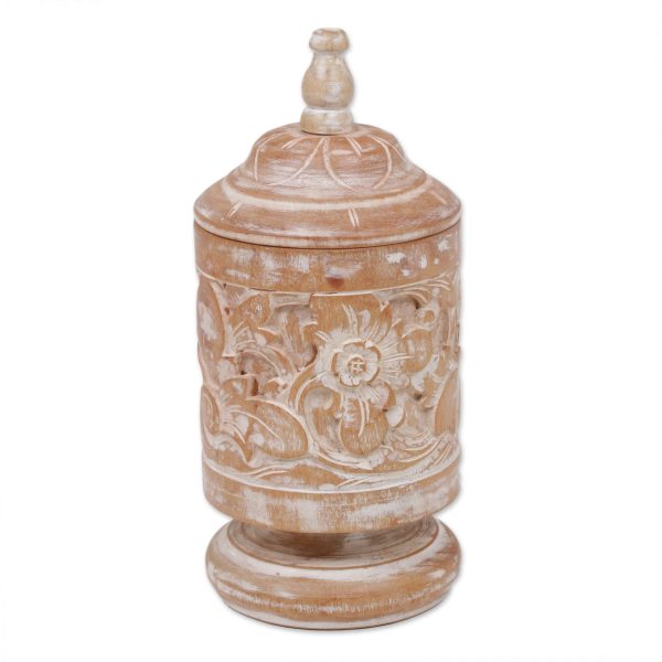 Antique Flower Mahogany Wood Cylindrical Decorative Jar with Floral Motifs For Sale