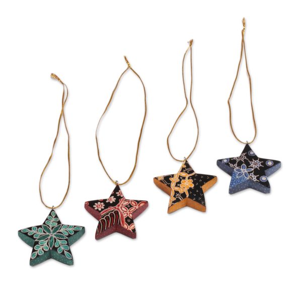 Bali Stars Four Batik Wood Star Ornaments by Balinese Artisans on Sale