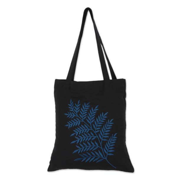 Beautiful Frond in Blue Frond Motif Cotton Shoulder Bag in Blue and Black from India For Sale