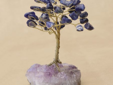 Blue Leaves Sodalite Gemstone Tree with an Amethyst Base from Brazil For Sale