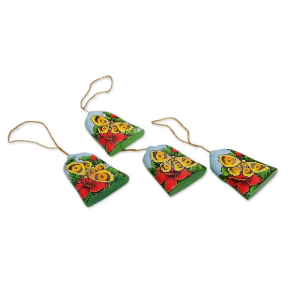 Bells and Butterflies Hand Painted Bell Ornaments with Butterflies (Set of 4) For Sale