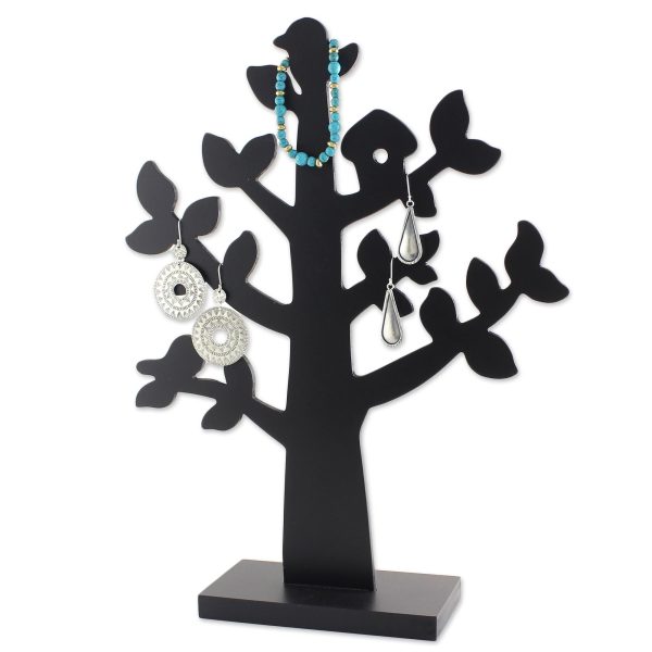 Bird Habitat in Black Wood Jewelry Tree with Bird in Black from Thailand For Sale