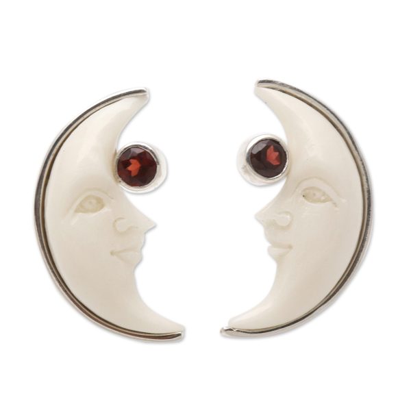 Awake Moons Garnet and Bone Crescent Moon Stud Earrings from Bali Online Hot Sale