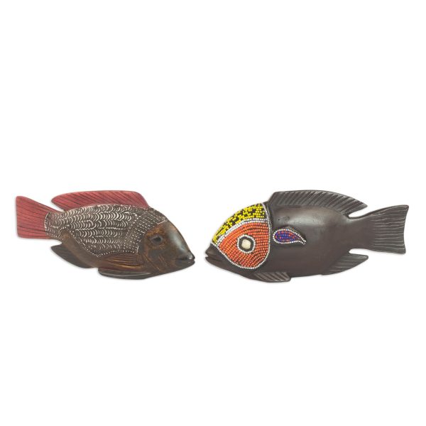 African Tilapia Fish Beaded Wood Sculptures (Pair) For Sale