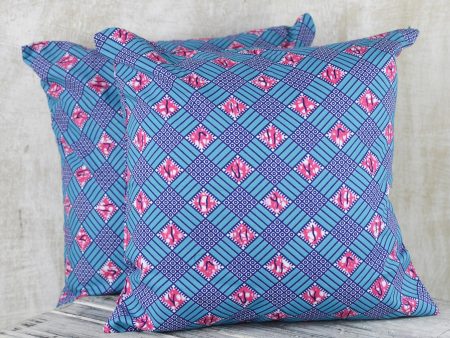 Blue Weave 100% Cotton Pink and Blue Weave Print Pair of Cushion Covers on Sale