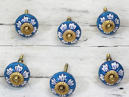 Blue Flowers Ceramic Cabinet Knobs Floral Blue White (Set of 6) India Discount