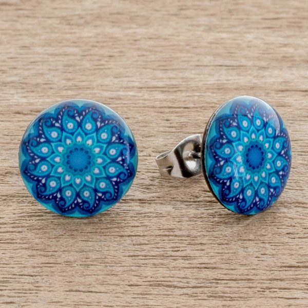 Blue Rivers Resin and Paper Stud Earrings in Blue from Costa Rica For Discount