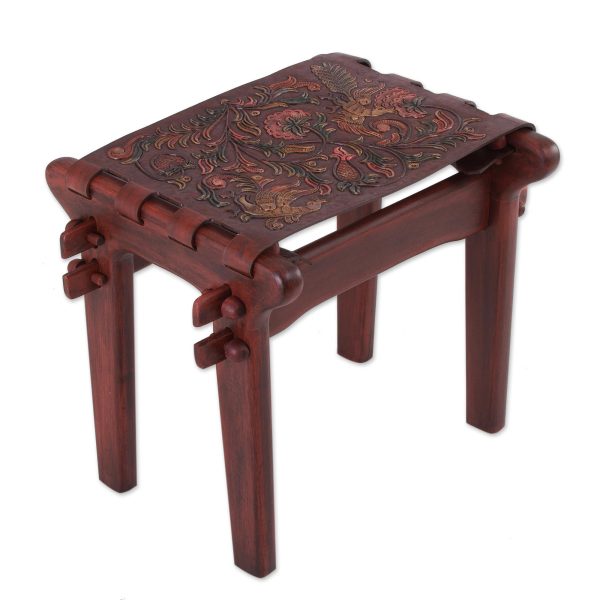 Andean Paradise Birds and Flowers Embossed on Leather and Wood Stool Hot on Sale