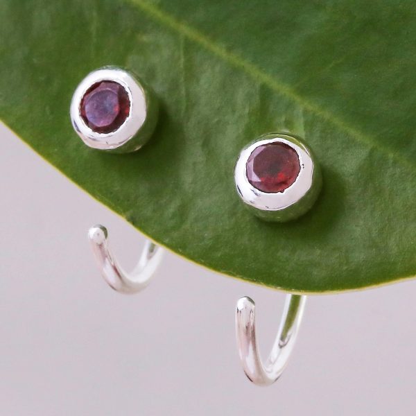 Back to Front Petite Thai Sterling Silver Half Hoop Earrings with Garnets Supply