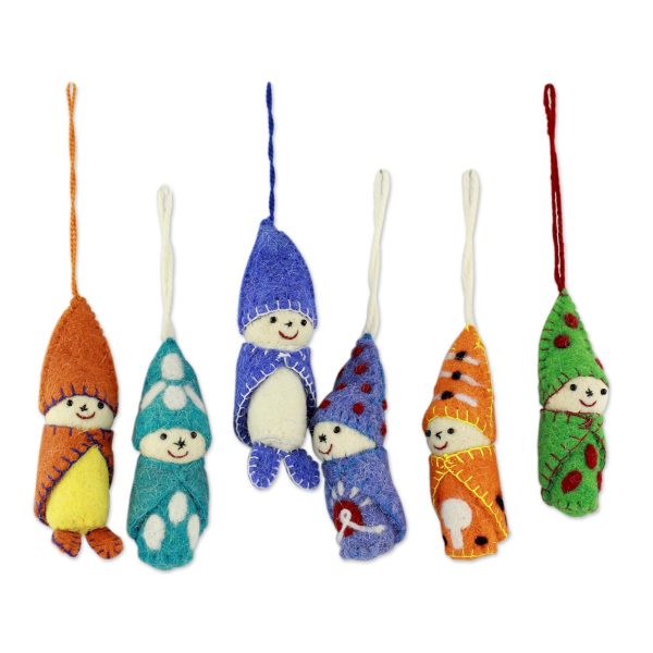 Babies in Snowsuits Set of 6 Handmade Wool Ornaments from India For Cheap