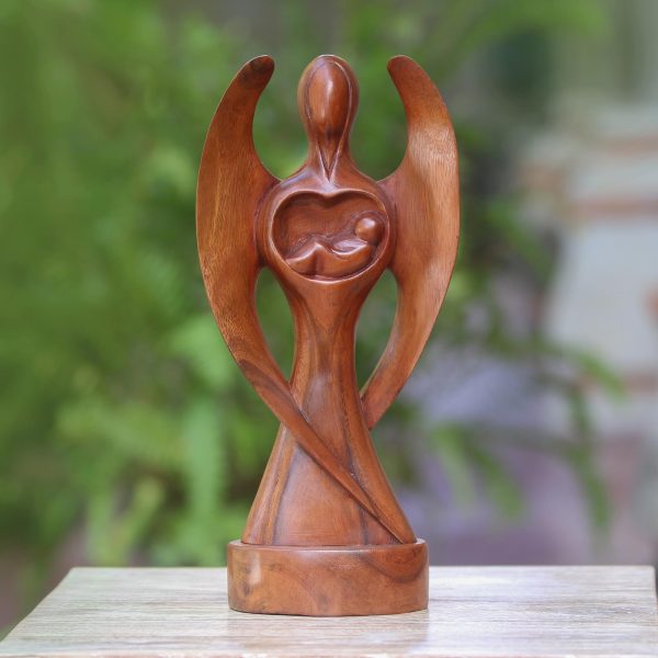 Baby Guardian Hand-Carved Suar Wood Baby Guardian Angel Sculpture Online Hot Sale