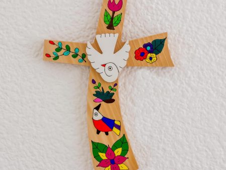 Beauty and Purity Hand-Painted Bird Motif Pinewood Wall Cross from El Salvador Supply