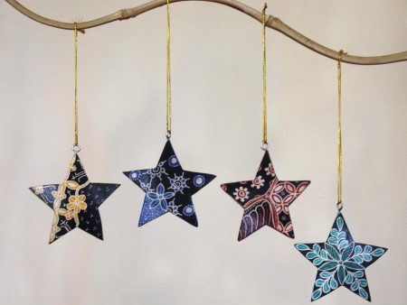 Bali Stars Four Batik Wood Star Ornaments by Balinese Artisans on Sale