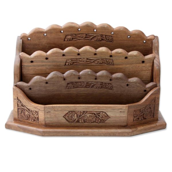 Blooming Floral Vines Artisan Crafted Walnut Wood Letter Rack with Floral Motif Supply