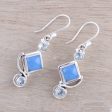 Beauty of the Seas Blue Topaz and Chalcedony Dangle Earrings Handmade in India For Cheap