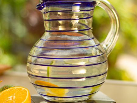 Blue Spiral Mexican Handblown Recycled Glass Blue Stripe Pitcher Online