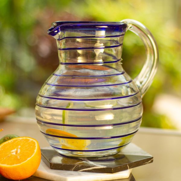 Blue Spiral Mexican Handblown Recycled Glass Blue Stripe Pitcher Online