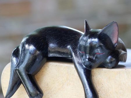 Black Catnap Balinese Signed Hand-Carved Sleeping Black Cat Sculpture Sale