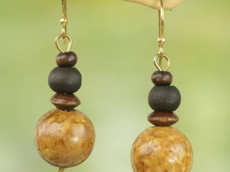 African Fence Sese Wood Bead Dangle Earrings on Brass Hooks from Ghana Hot on Sale