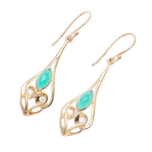 Bejeweled Rain Drops Gold Plated Green Onyx and Cubic Zirconia Dangle Earrings For Sale