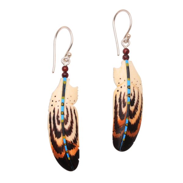 Antique Feathers Hand-Painted Bone and Amethyst Feather Dangle Earrings Online Sale