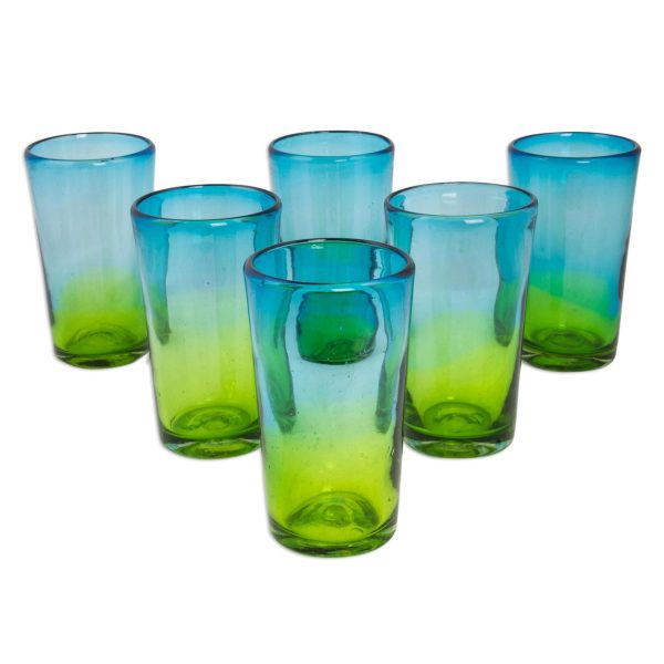 Aurora Tapatia 6 Artisan Crafted Blue Green Blown Glass Highball Glasses Online Hot Sale