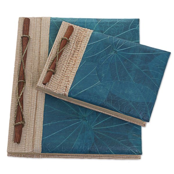 Autumn Spirit in Blue Handcrafted Pair of Rice Paper Notebooks from Indonesia For Cheap