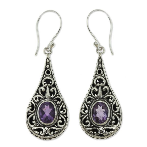 Balinese Dew Artisan Crafted Earrings with Sterling Silver and Amethyst For Sale