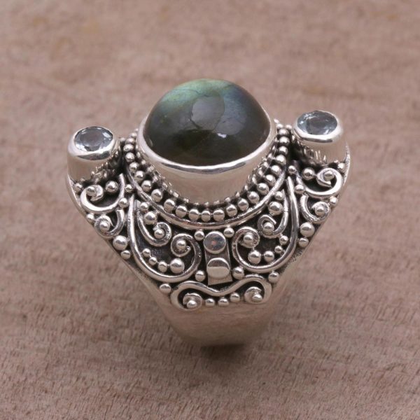 Beguiling Soul Labradorite and Blue Topaz Cocktail Ring from Bali For Sale